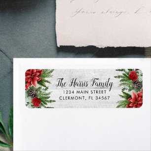 Étiquette Pinecone d'épinette et Poinsettia sur bois blanc