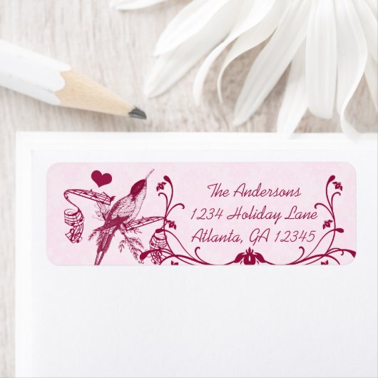 Étiquette Pink & Burgundy Damask Musical Vintage Hummingbird (En situation)