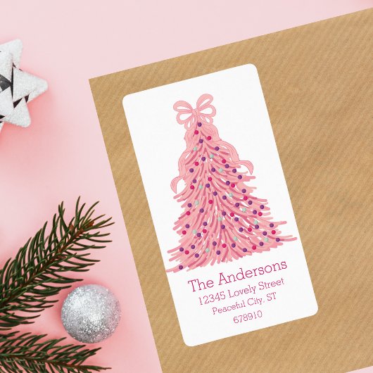 Étiquette Pink Christmas Tree and Bow Return Address