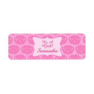 Étiquette Pink Damask Baby Girl Nom Naissance personnalisée