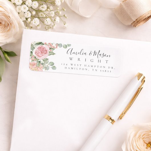 Étiquette Pink Floral Rose Eucalyptus Wedding Return Address