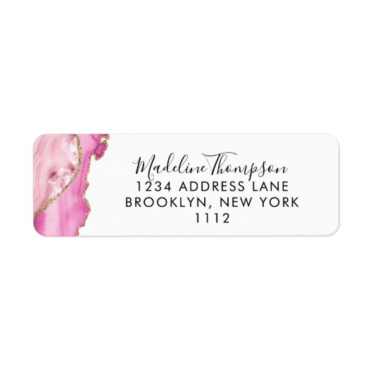 Étiquette Pink Gold Agate Geode Script Typography Address (Devant)