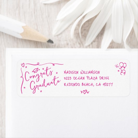 Étiquette Pink Hand Drawn Doodle Graduation White Address (En situation)