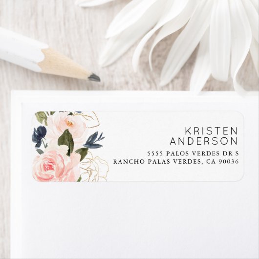 Étiquette Pink Navy Blue Floral Aquarelle Or Phuile (En situation)