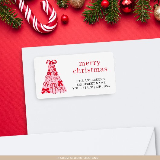 Étiquette Pink Red Bow Merry Christmas Address Label