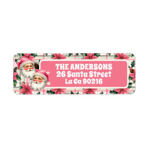 Étiquette Pink Retro Santa Claus Noël Floral Plaid