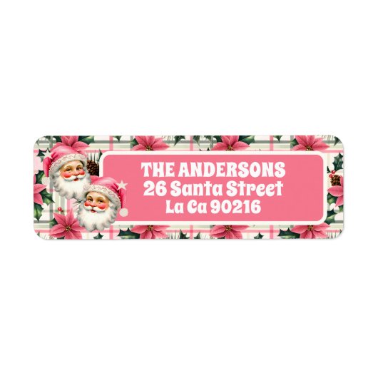 Étiquette Pink Retro Santa Claus Noël Floral Plaid (Devant)