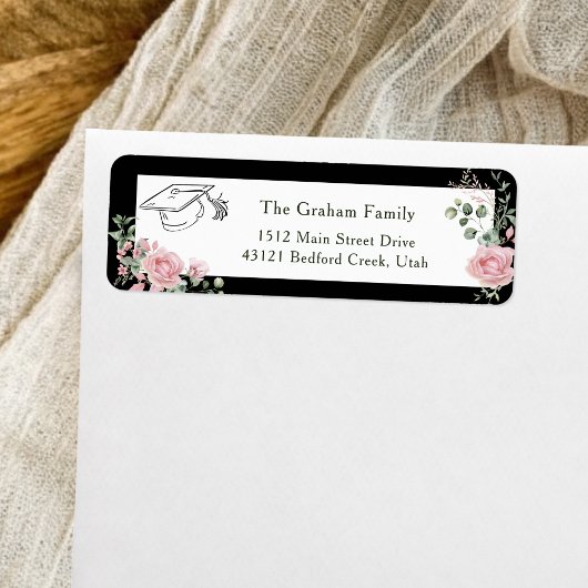 Étiquette Pink Roses Graduate Cap Graduation Return Address