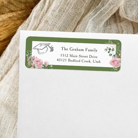 Étiquette Pink Roses Graduate Cap Graduation Return Address