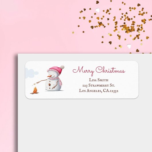 Étiquette Pink Snowman Marshmallows Noël Adresse de retour