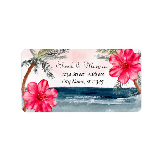Étiquette Plage aquarelle, Palmiers, Hibiscus (Devant)