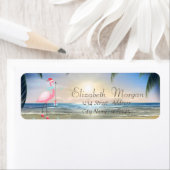 Étiquette Plage, Coucher de soleil, Palmiers, Flamant rose r (En situation)