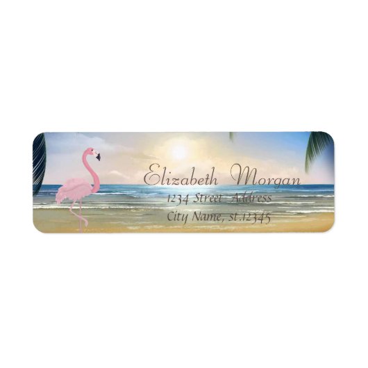 Étiquette Plage,Coucher de soleil,Palms, Flamant rose (Devant)