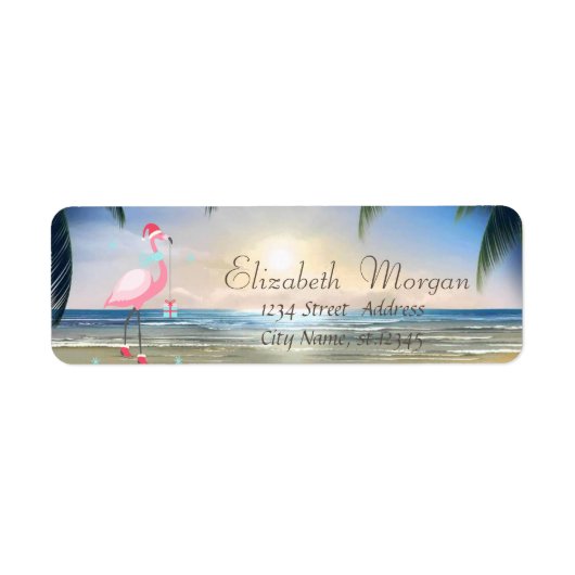 Étiquette Plage,Coucher de soleil,Palms, Flamant rose chapea (Devant)