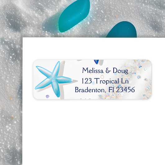 Étiquette Plage de sable blanc et de poisson d'eau bleue