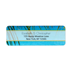 Étiquette Plage tropicale avec encadrement de palmiers