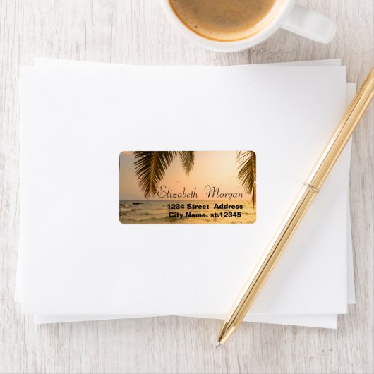 Étiquette Plage tropicale, Coucher de soleil, Palmes (En situation)