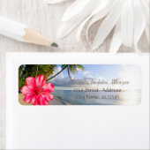 Étiquette Plage tropicale, Palmiers, Hibiskus (En situation)