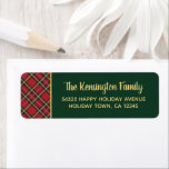 Étiquette Plaid Gold Foil Script Christmas Adresse de retour<br><div class="desc">Étiquettes de Noël à l'huile d'or rouge et verte à l'huile d'or plaquée rouge et verte Retour Adresse avec notre typographie moderne de Joyeux Noël en fausse feuille d'or sur un arrière - plan de vacances festif, revêtu de rouge, vert, blanc et de bandes de feuilles d'or plus faux, dans...</div>