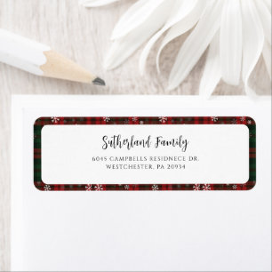 Étiquette Plaid Rouge Vert Script Flocons de Neige Adresse d