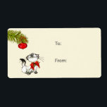 Étiquette Playful Kitty Cat In A Red Christmas Bow<br><div class="desc">Gift labels with a funny and cute christmas theme. A mischievous and playful kitty cat. She is eyeing a 
christmas tree decoration hanging from a pine branch wondering if she should play with it or not. Set on a cream colored background.</div>