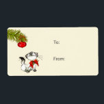 Étiquette Playful Kitty Cat In A Red Christmas Bow<br><div class="desc">Gift labels with a funny and cute christmas theme. A mischievous and playful kitty cat. She is eyeing a 
christmas tree decoration hanging from a pine branch wondering if she should play with it or not. Set on a cream colored background.</div>