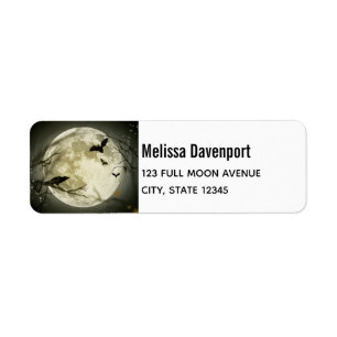 Étiquette Pleine lune avec chauves-souris et corbeau.