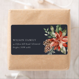 Étiquette Poinsettia Bunch Marine Black Christmas Pine Adres