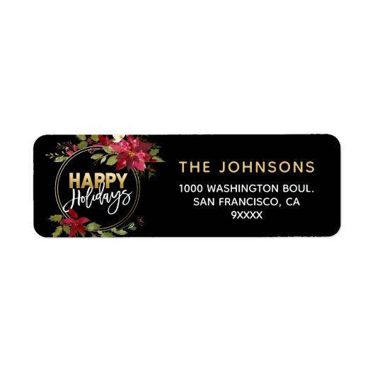 Étiquette Poinsettia Holly Wreath Red Gold Joyeuses vacances (Devant)