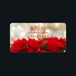 Étiquette Poinsettias rouges avec Golden Bokeh Noël<br><div class="desc">Étiquettes avec une photo festive de vacances avec un bouquet de poinsettias rouges sur le fond. Des lumières dorées chatoyantes dans l'arrière - plan. Style élégant et élégant. Jolie typographie de Noël écrite dans une police rouge tendance.</div>