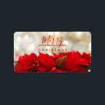 Étiquette Poinsettias rouges avec Golden Bokeh Noël<br><div class="desc">Étiquettes avec une photo festive de vacances avec un bouquet de poinsettias rouges sur le fond. Des lumières dorées chatoyantes dans l'arrière - plan. Style élégant et élégant. Jolie typographie de Noël écrite dans une police rouge tendance.</div>