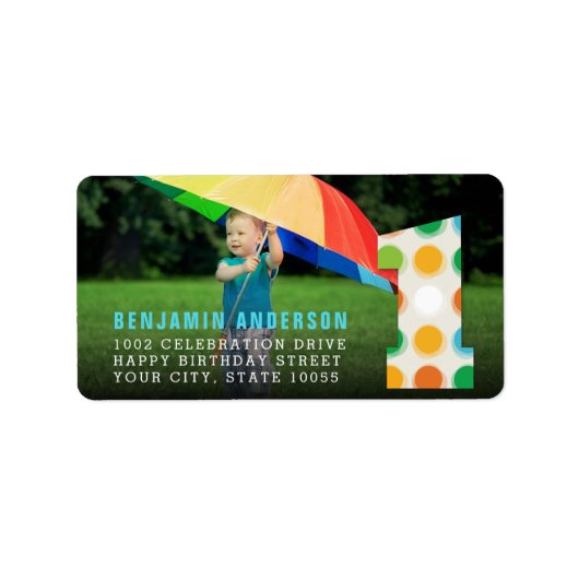 Étiquette Points de couleur moderne flou 1er anniversaire Ph (Devant)