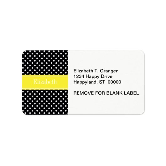 Étiquette Pois noirs et blancs Nom jaune Monogramme (Devant)