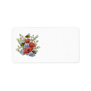 Étiquette POPIES rouges CLAIRES, Fleurs bleues, Abeilles