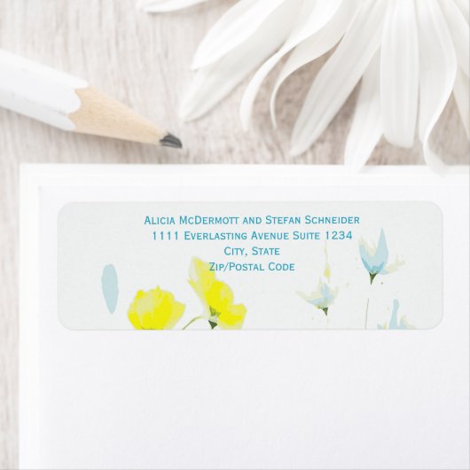 Étiquette Poppies rustiques simples bleues jaunes aquarelles (En situation)