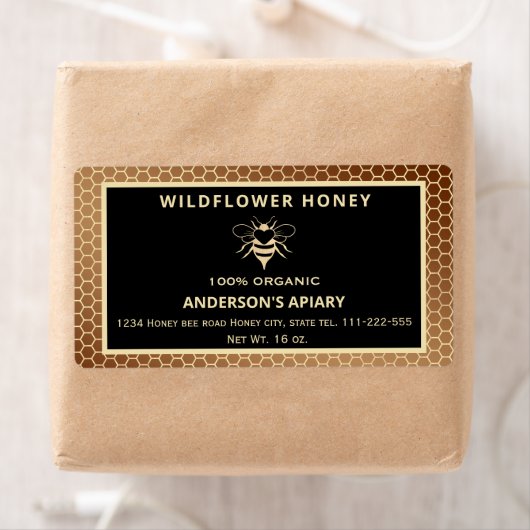 Étiquette pot de miel d'abeille d'or moderne (En situation)