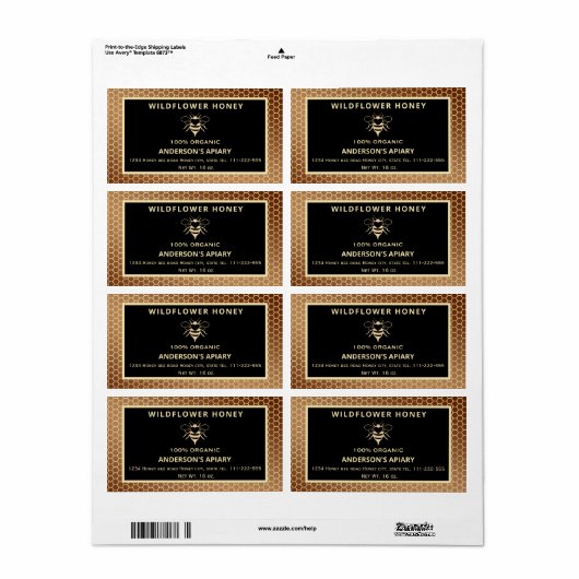 Étiquette pot de miel d'abeille d'or moderne (Feuille entière)