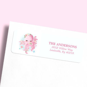 Étiquette Poulpe Mignon Rose Aquarelle Adresse de Baby Showe