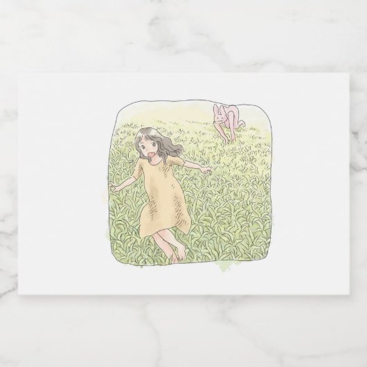 ÉTIQUETTE POUR BOCAUX さなしむじ  広い緑の草原を追いかける兎から走って逃げる橙色のワンピースの女性 (Étiquettes simples)