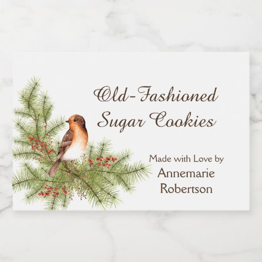 Étiquette Pour Bocaux Aquarelle Oiseau de Noël Oiseau Holly Berries Pine (Étiquettes simples)