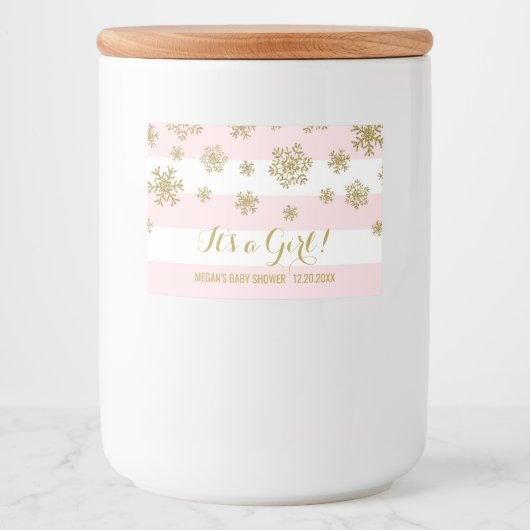 Étiquette Pour Bocaux Baby shower d'hiver Gold Snow Pink (Devant)