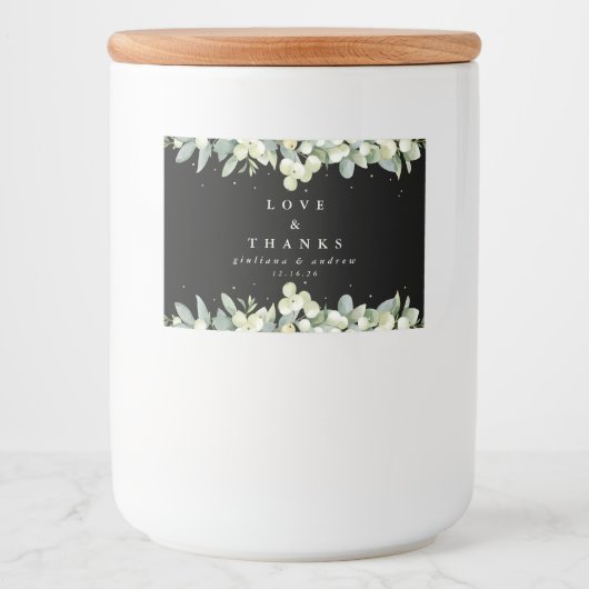 Étiquette Pour Bocaux Black Snowberry+Eucalyptus Mariage d'hiver Favoris (Devant)