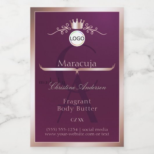 Étiquette Pour Bocaux Burgundy Product Label Rose Gold Frame Monogram (Étiquettes simples)
