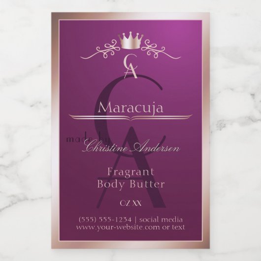 Étiquette Pour Bocaux Burgundy Product Label Rose Gold Frame Monogram (Étiquettes simples)
