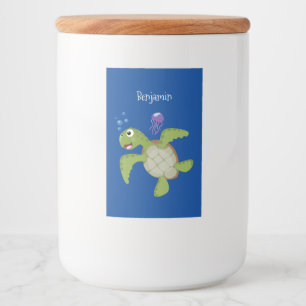 Étiquette Pour Bocaux Caricature joyeuse de tortue de mer verte mignonne
