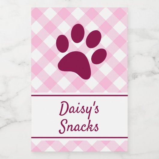 Étiquette Pour Bocaux Cute Pink White Gingham Checkered Pattern Paw Name (Étiquettes simples)
