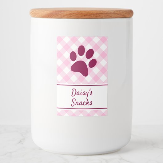 Étiquette Pour Bocaux Cute Pink White Gingham Checkered Pattern Paw Name (Devant)