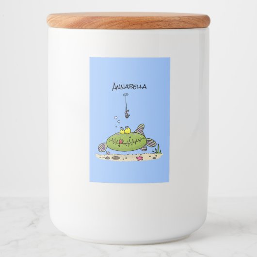 Étiquette Pour Bocaux Drôle gras affamé poisson vert dessin de pêche (Devant)