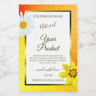 Étiquette Pour Bocaux Floral Jaune Orange Parties scintillant Blanc Prod