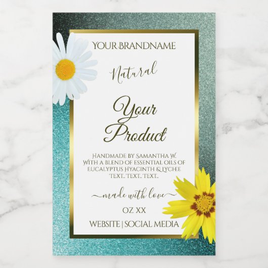 Étiquette Pour Bocaux Floral Turquoise et Parties scintillant bleue Étiq (Étiquettes simples)